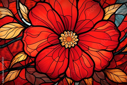 Red flower stained glass depiction. Generative AI