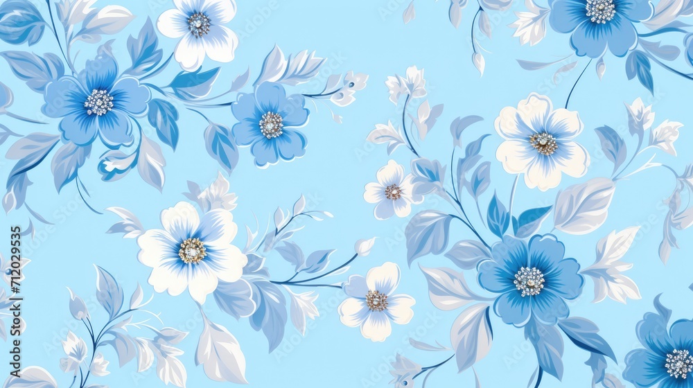 Leaves and blue flowers on a blue background. Decor design for printing, wallpaper, textiles, interior design, packaging, invitations. Delicate floral texture. Leaves and blue flowers on a blue background. Decor design for printing, wallpaper, textiles, interior design, packaging, invitations. Delicate floral texture.
