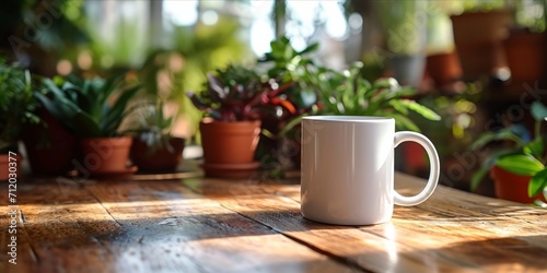 White mug on a table with potted plants in the background.