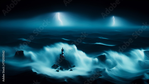 Aerial view, lighthouse in a stormy dark night, lightning and thunderbolt, huge waves hit the beacon and rocks, black clouds, landscape and seascape, sea and ocean © YOAQ