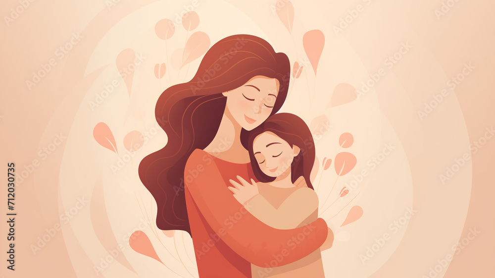 illustration of mom and daughter hugging each other with copy space for text, illustration of mom and daughter hugging each other with copy space for text,