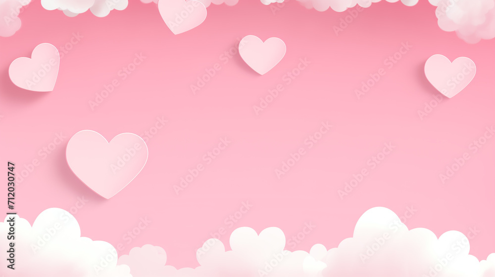 Pink background with hearts, clouds and copy space.