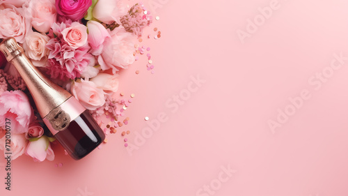 champagne on pink background with flowers and confetti.