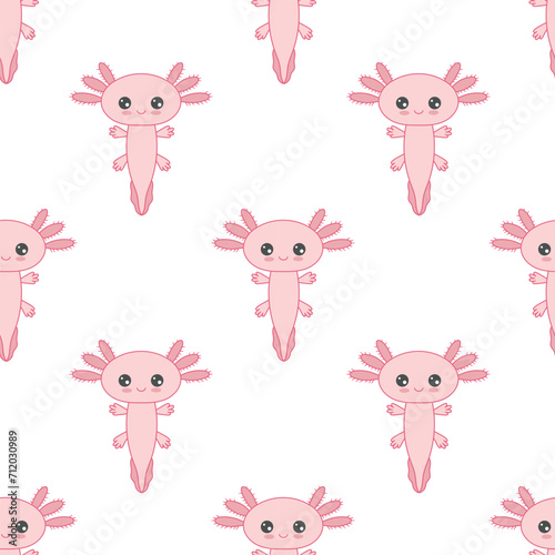 Seamless childish pattern with vector flat cartoon cute stylized axolotl salamander isolated on white background. Baby axolotl smiling.