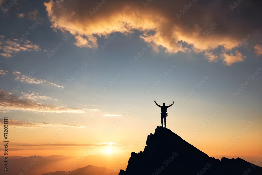 Silhouette of climber standing triumphantly on the mountain summit, with the dramatic sense of accomplishment against the sky.