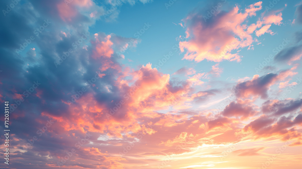 Real majestic sunrise sundown sky background with gentle colorful clouds without birds.