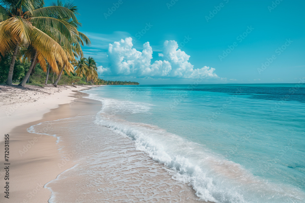 Realistic tropical beach with coconut palm trees. - obrazy, fototapety, plakaty 