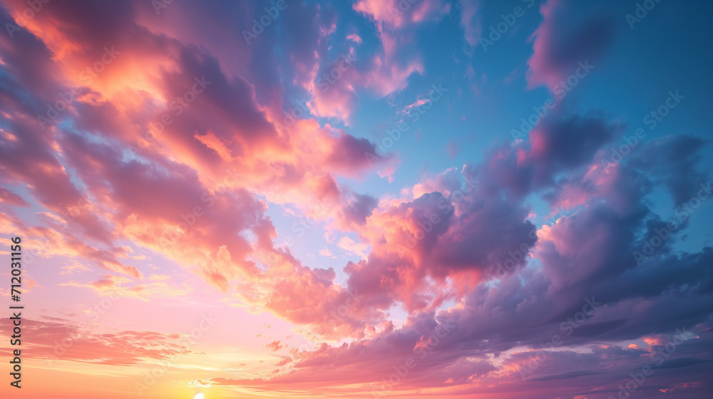 Real majestic sunrise sundown sky background with gentle colorful clouds without birds.