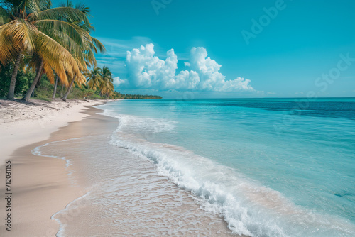 Realistic tropical beach with coconut palm trees.
