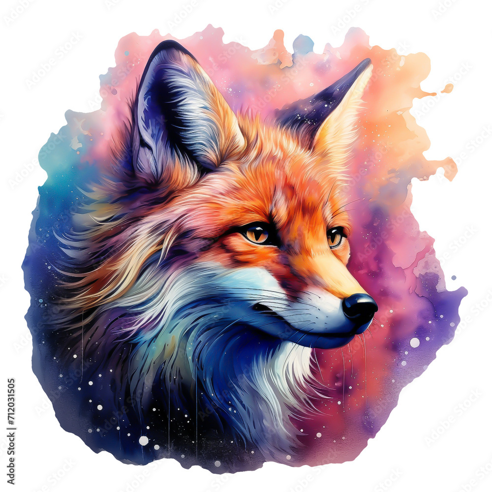 Naklejka premium Mystical red fox watercolor colorful fantasy illustration png isolated on a transparent background, clipart 