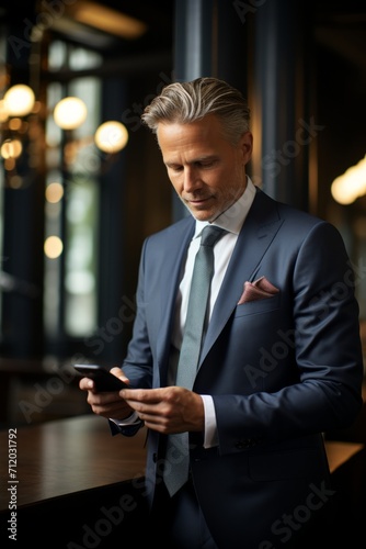 Businessman holding a smartphone with a banking app open, Generative AI