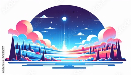 Winter night landscape with snow and moon. Illustration in flat style.