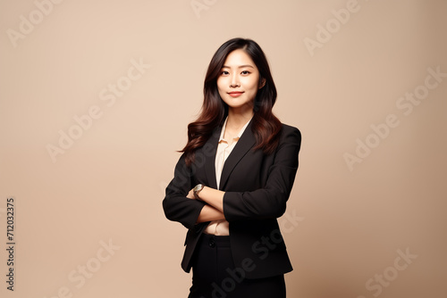 Smiling asian woman in suit posing in front of camera with cross hands. Generative AI