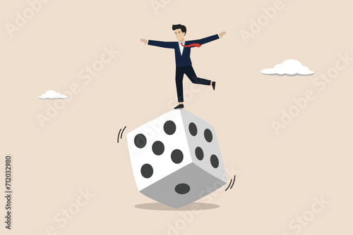 Investment risk, gambling, possibility of losing money or make a profit from investment concept, greedy investor tries to balance himself by rolling unstable dice.