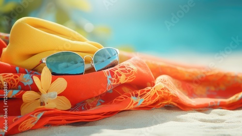 chic fashion summer background illustration vibrant colorful, sun vacation, tropical floral chic fashion summer background