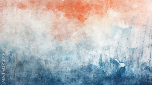 Abstract watercolor background on canvas with a dynamic mix of terracotta, denim blue and off-white