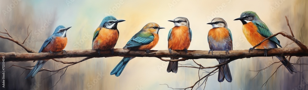 Five Colorful Birds Perched on a Branch