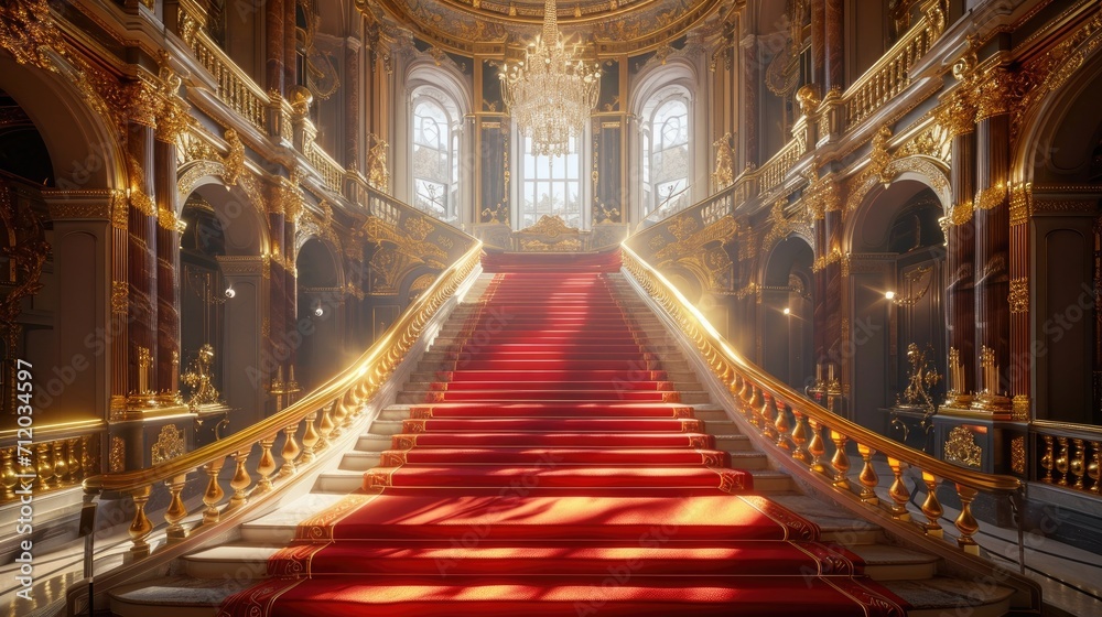 Obraz premium A grand staircase with red carpet in a luxurious palace interior.