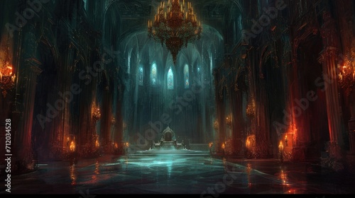 A grand, gothic cathedral interior illuminated by torches and a large stained glass window, dark fantasy setting