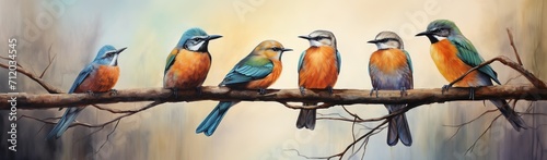 Five Colorful Birds Perched on a Branch © duyina1990