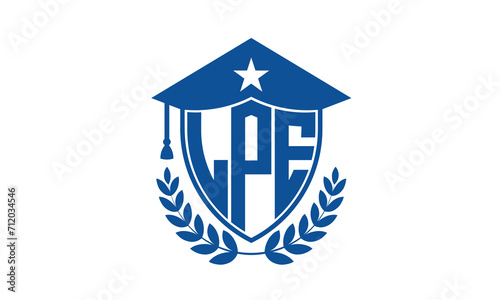 LPE three letter iconic academic logo design vector template. monogram, abstract, school, college, university, graduation cap symbol logo, shield, model, institute, educational, coaching canter, tech