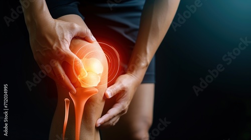 A young man suffering from pain in knee. Tendon problems and Joint inflammation on dark background.