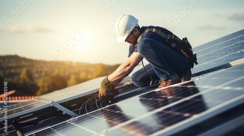Construction industry, aerial view. An electrician in a helmet is installing a solar panel system outdoors. Engineer builds solar panel station on house roof photo