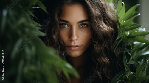 Beautiful young woman's face with natural makeup and green eye behind green leaves while looking at the camera photo