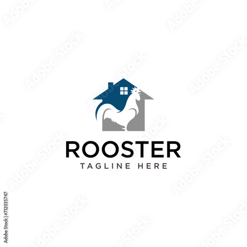 Chicken farm house logo design vector illustration. simple abstract chicken head. house chicken. house real estate logo template illustration inspiration. logo chicken coop
