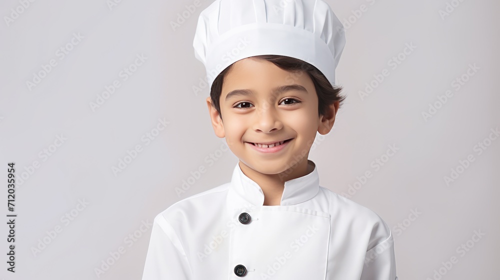 A Cooking, happy boy wearing chef's uniform. Little cook and kitchen equipment. Cooking concepts in the chef profession On empty space on white transparent background isolated A Cooking, happy boy wearing chef's uniform. Little cook and kitchen equipment. Cooking concepts in the chef profession On empty space on white transparent background isolated