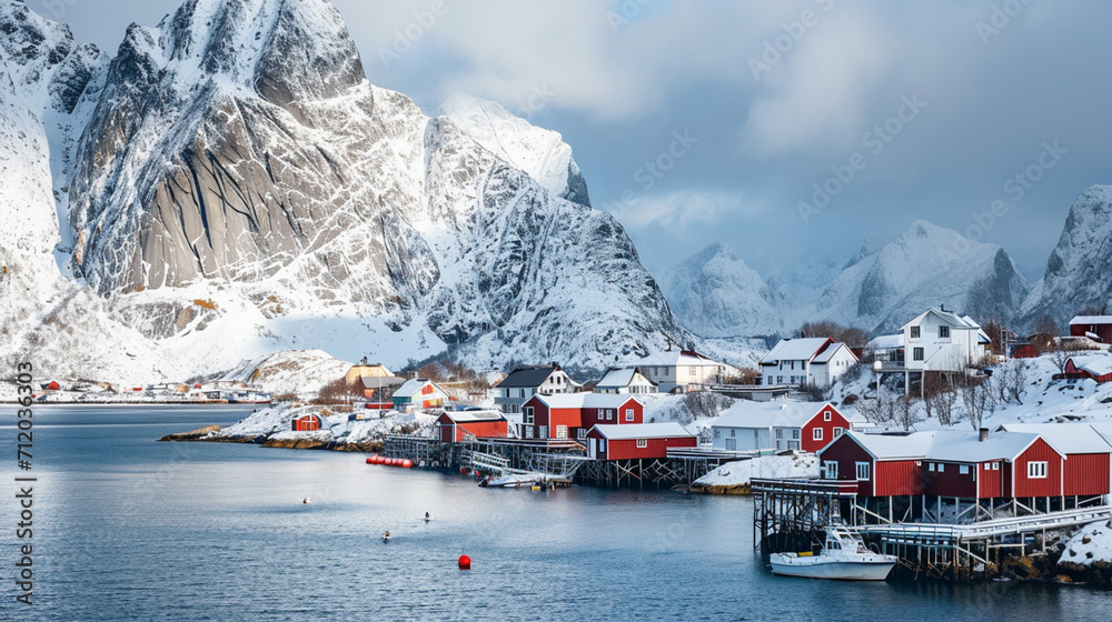 View on the house in the Hamnoy village, Lofoten Islands, Norway. Generative AI
