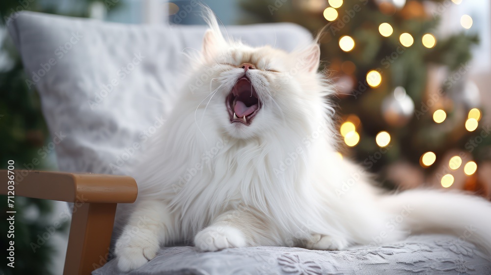 A Cute white Persian cat lying on a modern rocking chair. and yawn against the background of a stylishly decorated Christmas tree in a sunny living room. Pet and Winter Holiday Ideas A Cute white Persian cat lying on a modern rocking chair. and yawn against the background of a stylishly decorated Christmas tree in a sunny living room. Pet and Winter Holiday Ideas