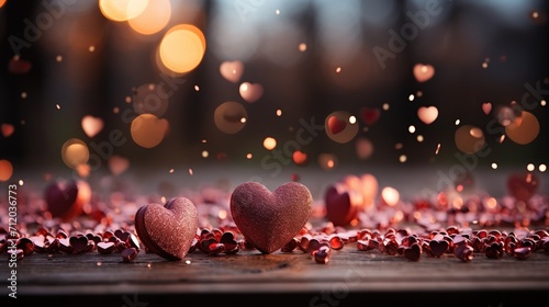 Valentines background with table and bokeh. Love red background photo