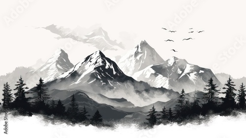 A Black and white mountain range, landscape, tree symbols, stencil vector illustration. photo