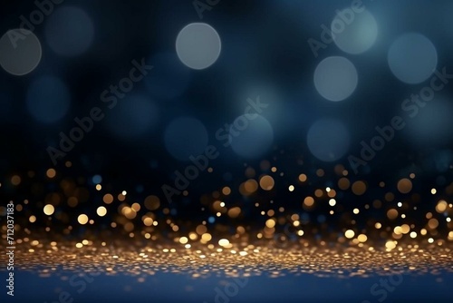 Dark blue banner with golden sparkles, blurred glitter texture on an empty bokeh background. Night party template with abstract festive pattern. Generative AI