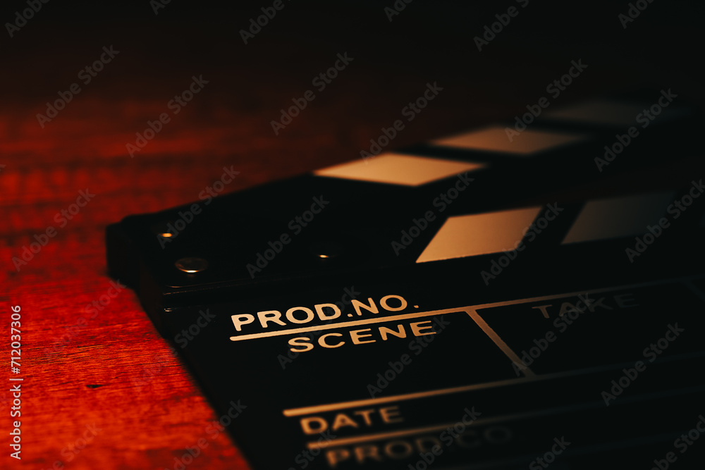 Clapperboard photograph on a table in a local film production. Concept of film and video industry.