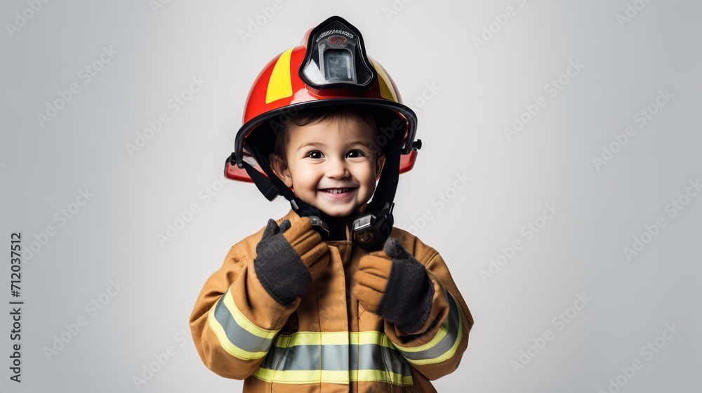 A Happy boy wearing firefighter uniform, little firefighter and fire extinguishing equipment, firefighter career adventure concept. on empty space on a white isolated transparent background. A Happy boy wearing firefighter uniform, little firefighter and fire extinguishing equipment, firefighter career adventure concept. on empty space on a white isolated transparent background.