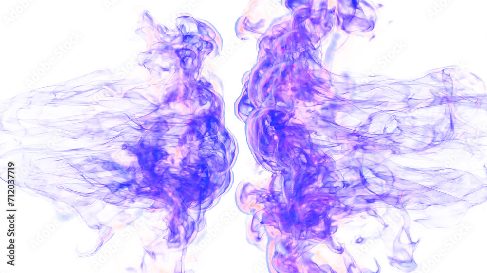 3d illustration. Tongues of lilac flame collide from opposite sides on a white background. 3d illustration. Tongues of lilac flame collide from opposite sides on a white background.
