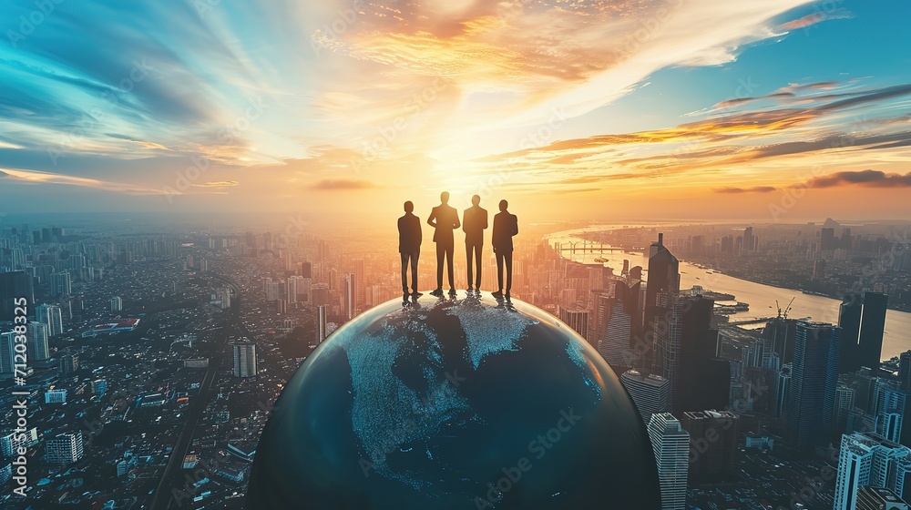 A team of business leaders atop a detailed globe, scanning the skyline, embodying global objectives - obrazy, fototapety, plakaty 