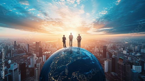 A team of business leaders atop a detailed globe, scanning the skyline, embodying global objectives photo