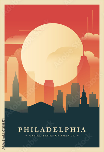 Philadelphia city brutalism poster with abstract skyline, cityscape. Pennsylvania state retro vector illustration. US travel front cover, brochure, flyer, leaflet, presentation template, layout image