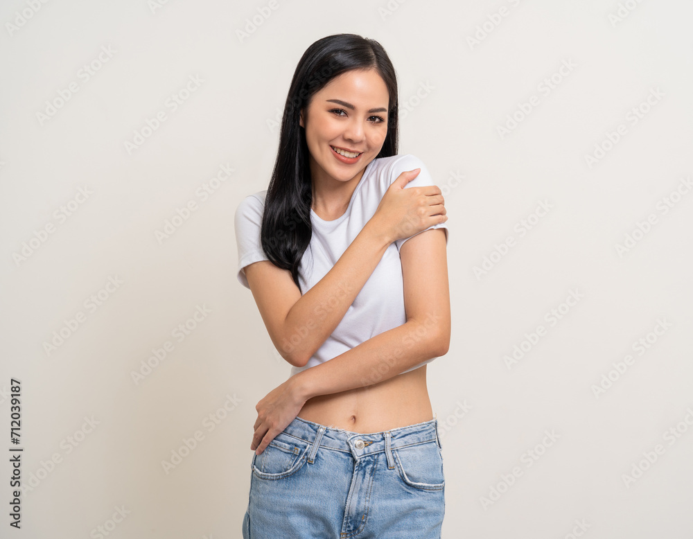 Beautiful smiling happy young asian woman age around 25. Charming female lady standing pose on isolated white background. Asian attractive woman people confident on backdrop. Beautiful smiling happy young asian woman age around 25. Charming female lady standing pose on isolated white background. Asian attractive woman people confident on backdrop.