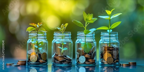 Stages of financial growth concept with coins and plant in jars. photo