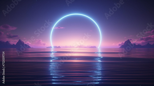 retro futuristic abstract ocean scenery with blue and violet neon circle 3D rendering illustration