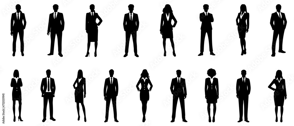 Businessman and businesswoman standing silhouette black filled vector Illustration icon Diverse Group of Business Silhouettes Standing Confidently in Professional Attire