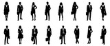 Confident Corporate Team Silhouettes Ready for Business with Briefcases Businessman and woman standing with bag silhouette black filled vector Illustration icon