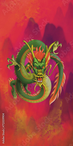 3D Dragon Illustration on Red Background.  Design for background, cards, and wallpaper
