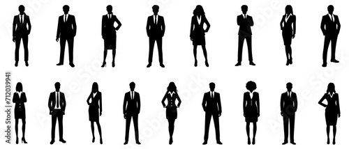 Businessman and businesswoman standing silhouette black filled vector Illustration icon Diverse Group of Business Silhouettes Standing Confidently in Professional Attire