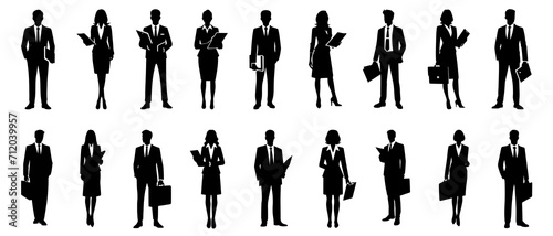 Standing businessman and woman with file silhouette black filled vector Illustration icon