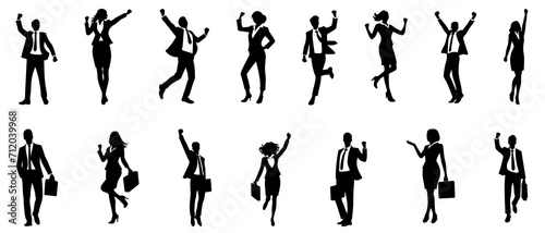 Victorious Business Executives Celebrating Success with Raised Arms in Silhouette Businessman and woman expressing joy silhouette black filled vector Illustration icon